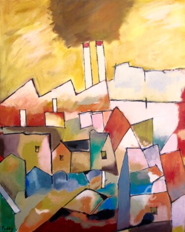 Painting titled "Usine et pollution" by Paddy, Original Artwork, Acrylic