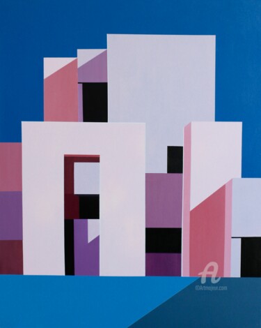 Painting titled "Les maisons roses" by Paddy, Original Artwork, Acrylic Mounted on Wood Stretcher frame