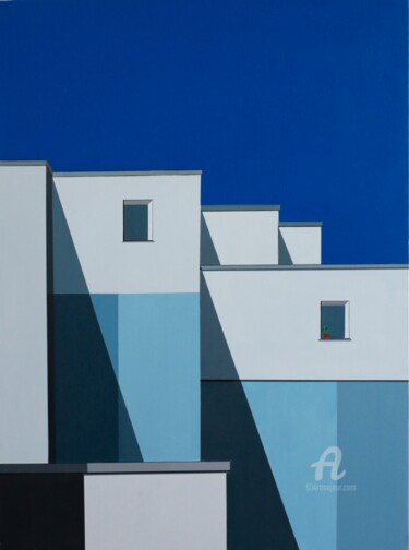 Painting titled "maisons bleus au po…" by Paddy, Original Artwork, Acrylic Mounted on Wood Stretcher frame