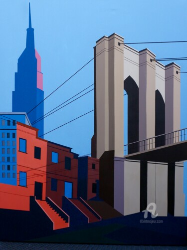 Painting titled "NY Brooklin bridge" by Paddy, Original Artwork, Acrylic Mounted on Wood Stretcher frame