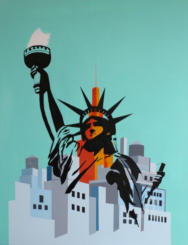 Schilderij getiteld "NY Tout un Symbole" door Paddy, Origineel Kunstwerk, Acryl Gemonteerd op Frame voor houten brancard