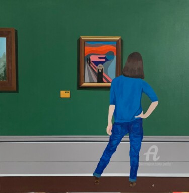 Painting titled "Enfin au musée" by Paddy, Original Artwork, Acrylic Mounted on Wood Stretcher frame