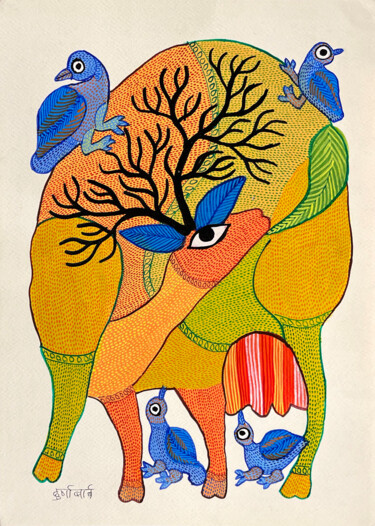 Painting titled "Forest Animals" by Padma Shri Awardee Durgabai Vyam, Original Artwork, Acrylic