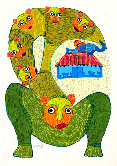 Картина под названием "Forest Animals 1" - Padma Shri Awardee Durgabai Vyam, Подлинное произведение искусства, Акрил
