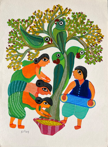 Schilderij getiteld "Mother of the trees" door Padma Shri Awardee Durgabai Vyam, Origineel Kunstwerk, Acryl