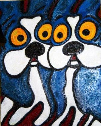 Painting titled "BLUE BOSTONS" by Paige Gallery, Original Artwork, Oil