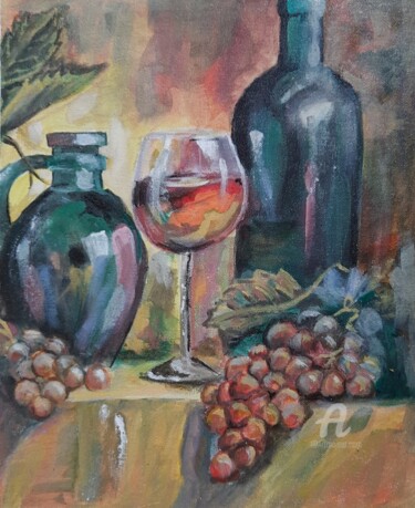 Painting titled "Grapes and wine" by Vindhya Acharya, Original Artwork, Acrylic
