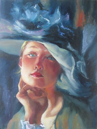 Painting titled "Woman in blue hat" by Paintings By Various Artists From Ukraine, Original Artwork, Oil