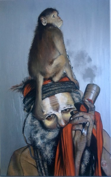 Painting titled "Sadhu, monkey, smoke" by Paintings By Various Artists From Ukraine, Original Artwork, Acrylic