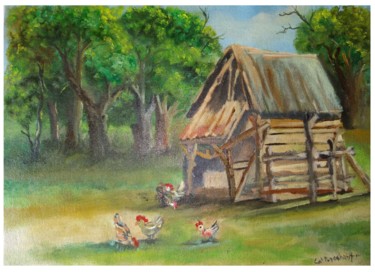 Malerei mit dem Titel "Hens in the cattle" von Prashanth Paladugu, Original-Kunstwerk, Öl