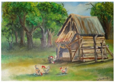 Peinture intitulée "Hens in the cattle" par Prashanth Paladugu, Œuvre d'art originale, Huile