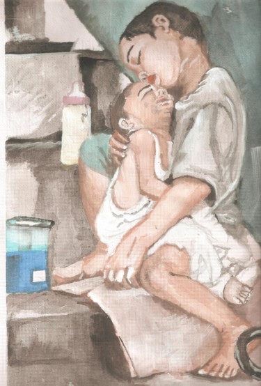Ζωγραφική με τίτλο "Brothers" από Prashanth Paladugu, Αυθεντικά έργα τέχνης, Ακουαρέλα