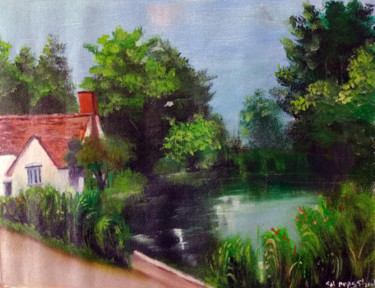 Painting titled "Pond House" by Prashanth Paladugu, Original Artwork, Oil