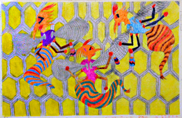 Картина под названием "Тройка пчёлок-труже…" - Виктор Юрьевич Паламарчук, Подлинное произведение искусства, Масло