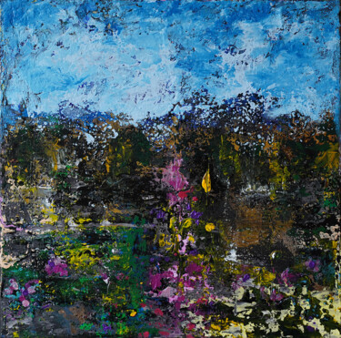 “Pond” lily sky landscape impasto abstract art Painting titled "“Pond” lily sky lan…" by Palirina, Original Art, Acrylic Mounted on Stretcher frame