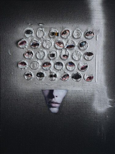 「“Eyes” silver black…」というタイトルのコラージュ Palirinaによって, オリジナルのアートワーク, コラージュ ウッドストレッチャーフレームにマウント