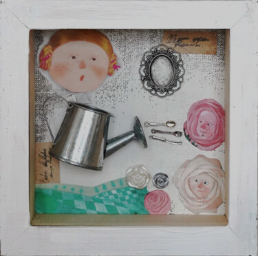 Collages titled "«Alice-1» watering…" by Palirina, Original Artwork, Wood Mounted on Wood Stretcher frame