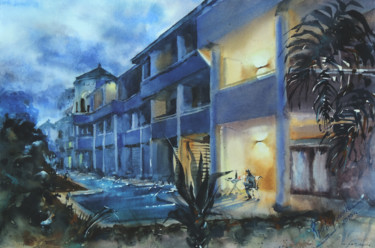 Painting titled ""EVENING AT THE HOT…" by Elena Krivoruchenko, Original Artwork, Watercolor