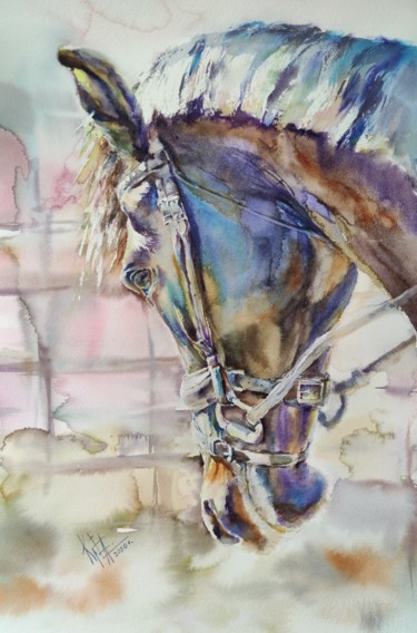 Pittura intitolato ""LAVANDER HORSE"" da Elena Krivoruchenko, Opera d'arte originale, Acquarello