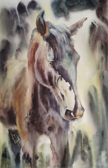 Pintura titulada ""BROWN HORSE"" por Elena Krivoruchenko, Obra de arte original, Acuarela