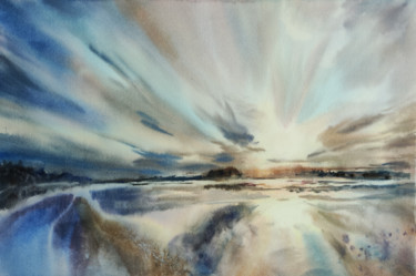 Malerei mit dem Titel ""SUNSET ON THE RIVE…" von Elena Krivoruchenko, Original-Kunstwerk, Aquarell