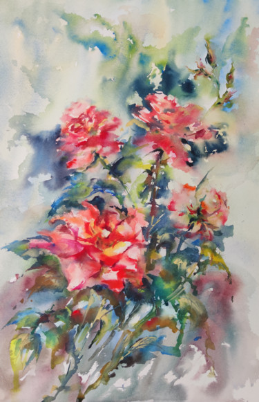 Картина под названием "JUNE ROSES" - Elena Krivoruchenko, Подлинное произведение искусства, Акварель