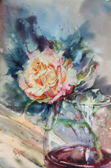 Peinture intitulée ""ROSE IN WINE 2"" par Elena Krivoruchenko, Œuvre d'art originale, Aquarelle