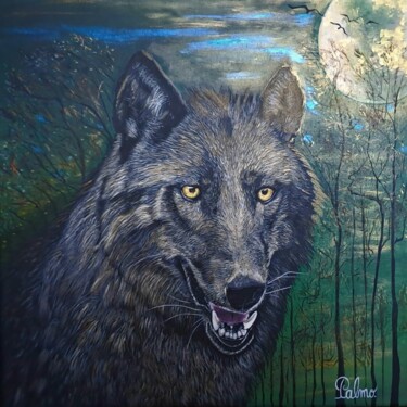 Painting titled "Le loup noir" by Palmo, Original Artwork, Acrylic Mounted on Wood Stretcher frame
