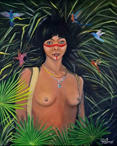 Malerei mit dem Titel "Jeune femme Xingù" von Palmo, Original-Kunstwerk, Acryl Auf Keilrahmen aus Holz montiert