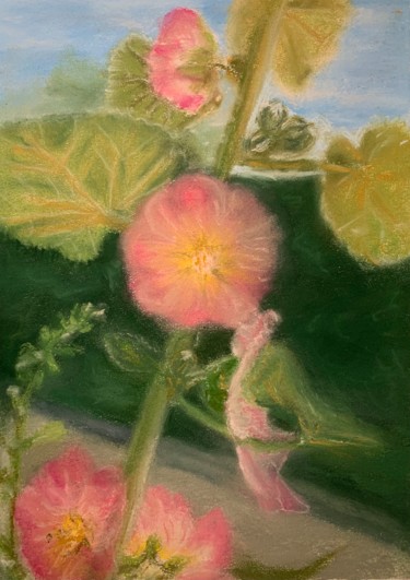 Painting titled "Roses trémières" by Pam Sounette, Original Artwork, Pastel