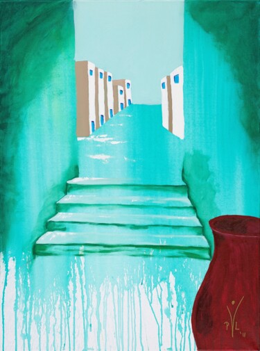 Malerei mit dem Titel "Treppe ins Glück" von Pamela Lauren, Original-Kunstwerk, Acryl