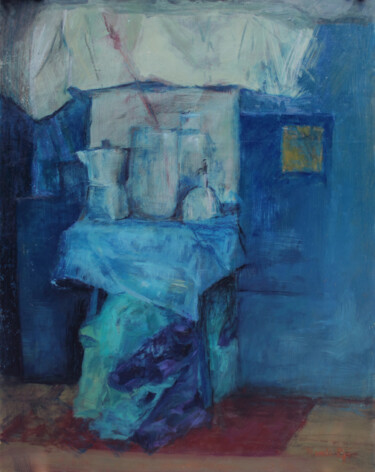 Painting titled "Blue Still Life : 3…" by Pamela Rys, Original Artwork, Oil