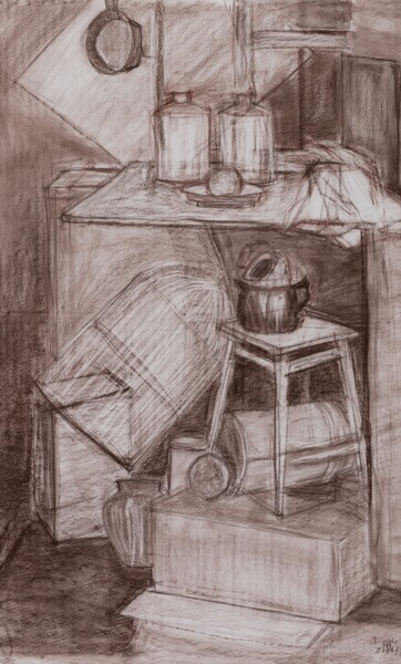 Drawing titled "Sepia Still Life :…" by Pamela Rys, Original Artwork, Conté