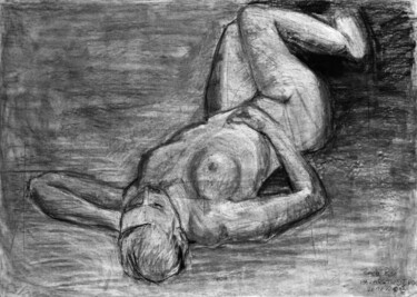 Dessin intitulée "Girl Lying On Floor" par Pamela Rys, Œuvre d'art originale, Fusain