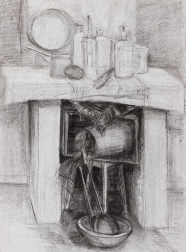 Tekening getiteld "Grayscale Still Life" door Pamela Rys, Origineel Kunstwerk, Houtskool