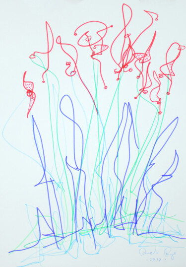 Drawing titled "Red Flowers" by Pamela Rys, Original Artwork, Ink