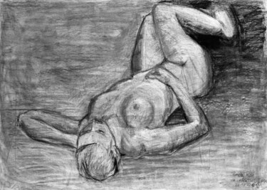 Drawing titled "Girl Lying On Floor" by Pamela Rys, Original Artwork, Charcoal