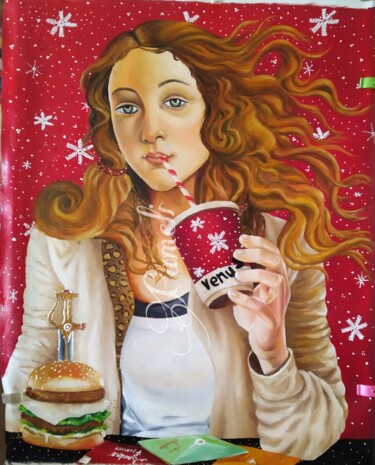 Painting titled "Venus in a Bistro" by Pameli Kayal, Original Artwork, Oil