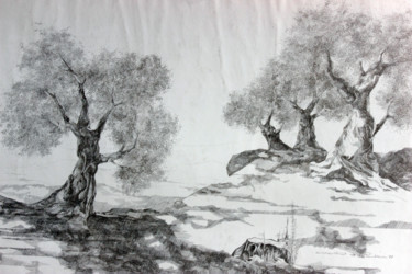 Disegno intitolato "Olivenbaum Landscha…" da Tatjana M. Pankau, Opera d'arte originale, Punta d'argento