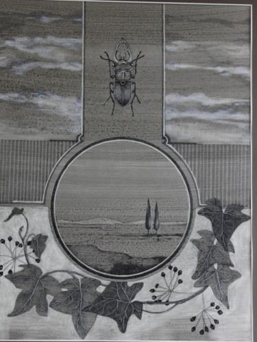 Zeichnungen mit dem Titel "Käfer mit Efeu" von Tatjana M. Pankau, Original-Kunstwerk, Tinte