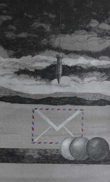 Zeichnungen mit dem Titel "Lot mit drei Kugeln" von Tatjana M. Pankau, Original-Kunstwerk, Tinte