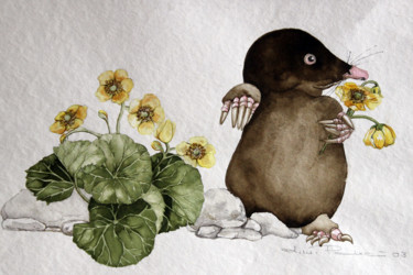 Malerei mit dem Titel "Maulwurf mit Blumen" von Tatjana M. Pankau, Original-Kunstwerk, Aquarell
