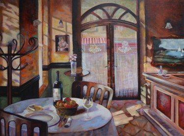 Painting titled "Quiet cafe, Canvas,…" by Pannochki.Art, Original Artwork, Oil