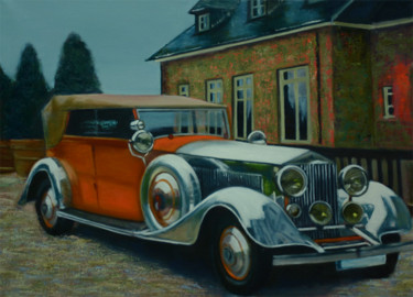 Painting titled "Orange vintage car,…" by Pannochki.Art, Original Artwork, Oil