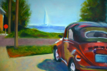 Painting titled "Red car, Canvas, oil" by Pannochki.Art, Original Artwork, Oil