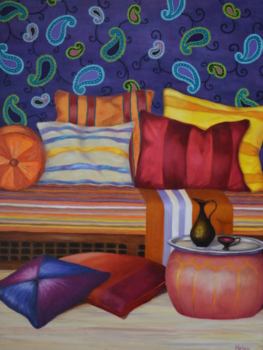 Painting titled "Sofa with pillows.j…" by Pannochki.Art, Original Artwork, Oil