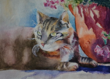 Painting titled "Spring  cat" by Pannochki.Art, Original Artwork, Watercolor