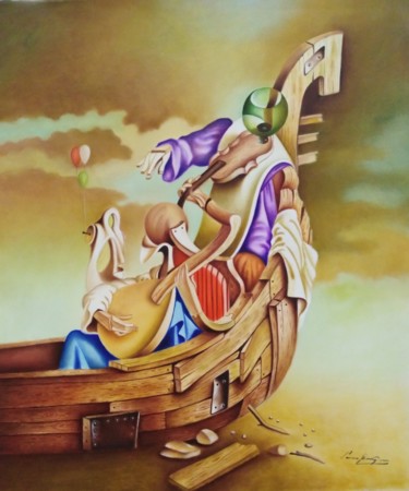 Painting titled "Gondola Veniziana,M…" by Panos Emirzian, Original Artwork, Oil