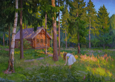 Schilderij getiteld "Лесные цветы" door Sergey Panteleev, Origineel Kunstwerk, Olie Gemonteerd op Frame voor houten brancard