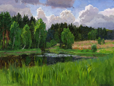 Картина под названием "Лесное озеро" - Sergey Panteleev, Подлинное произведение искусства, Масло Установлен на Деревянная ра…